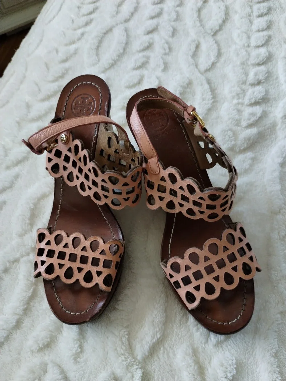 Tory Burch Nori Wedge Tan Laser-Cut Leather Sandals